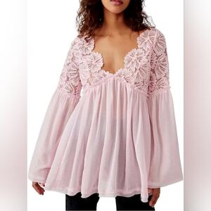 Free People Magdalene Women's Large Pink Long Sleeve Crochet Tunic New